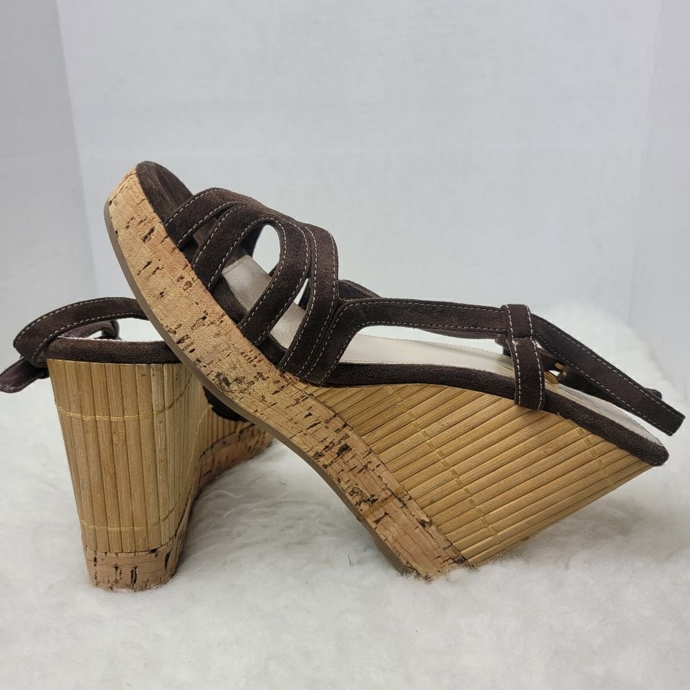 Prada Brown Suede Platform Slingback Cork Wedge Bamboo Sandals Shoes Size 7.5 - Picture 6 of 8